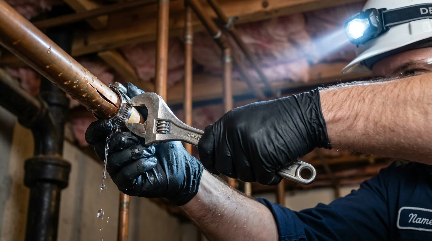 Emergency pipe clamp repair being performed by a Johns Plumbing LLC plumber in Yuba City