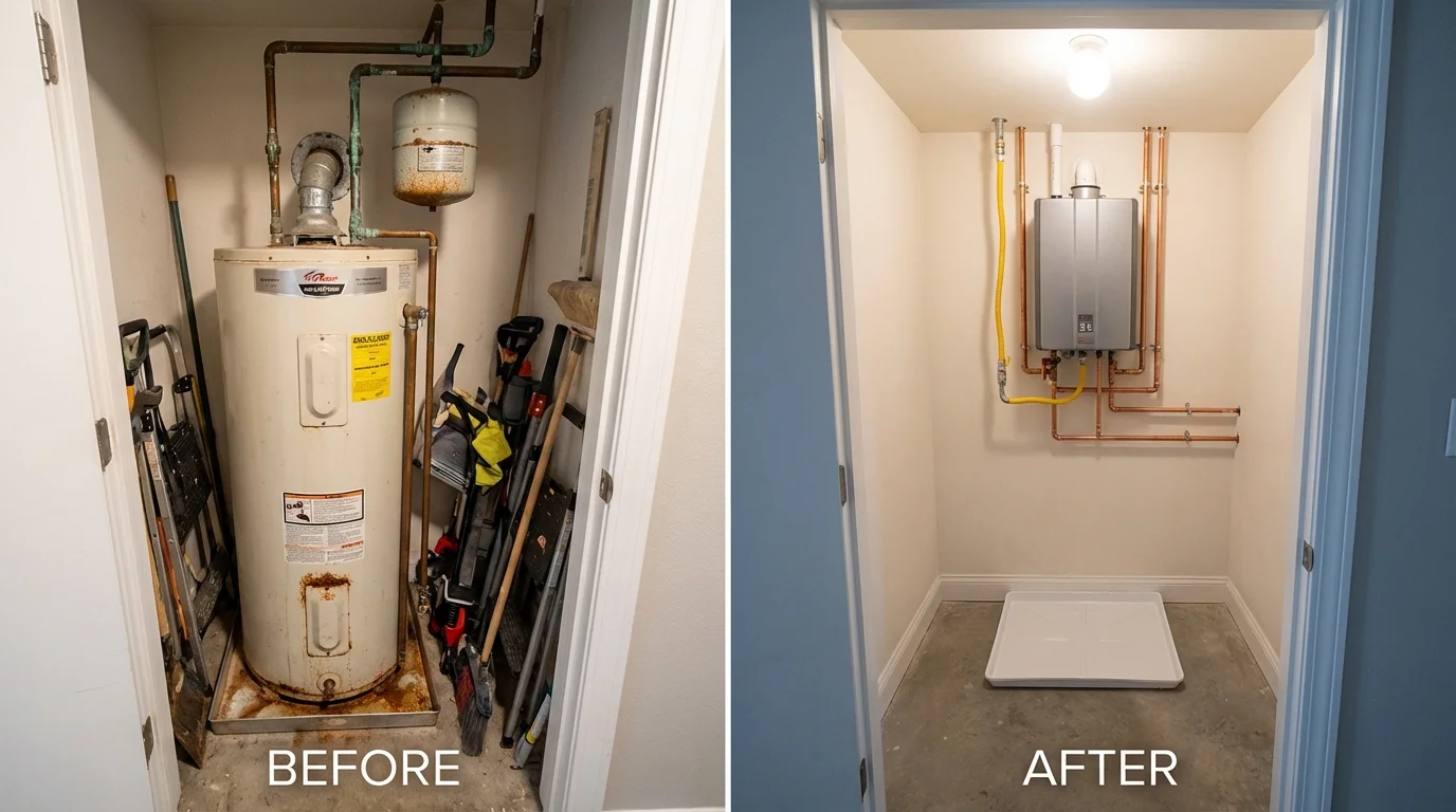 Tank water heater versus wall-mounted tankless unit comparison for Yuba City, CA homeowners