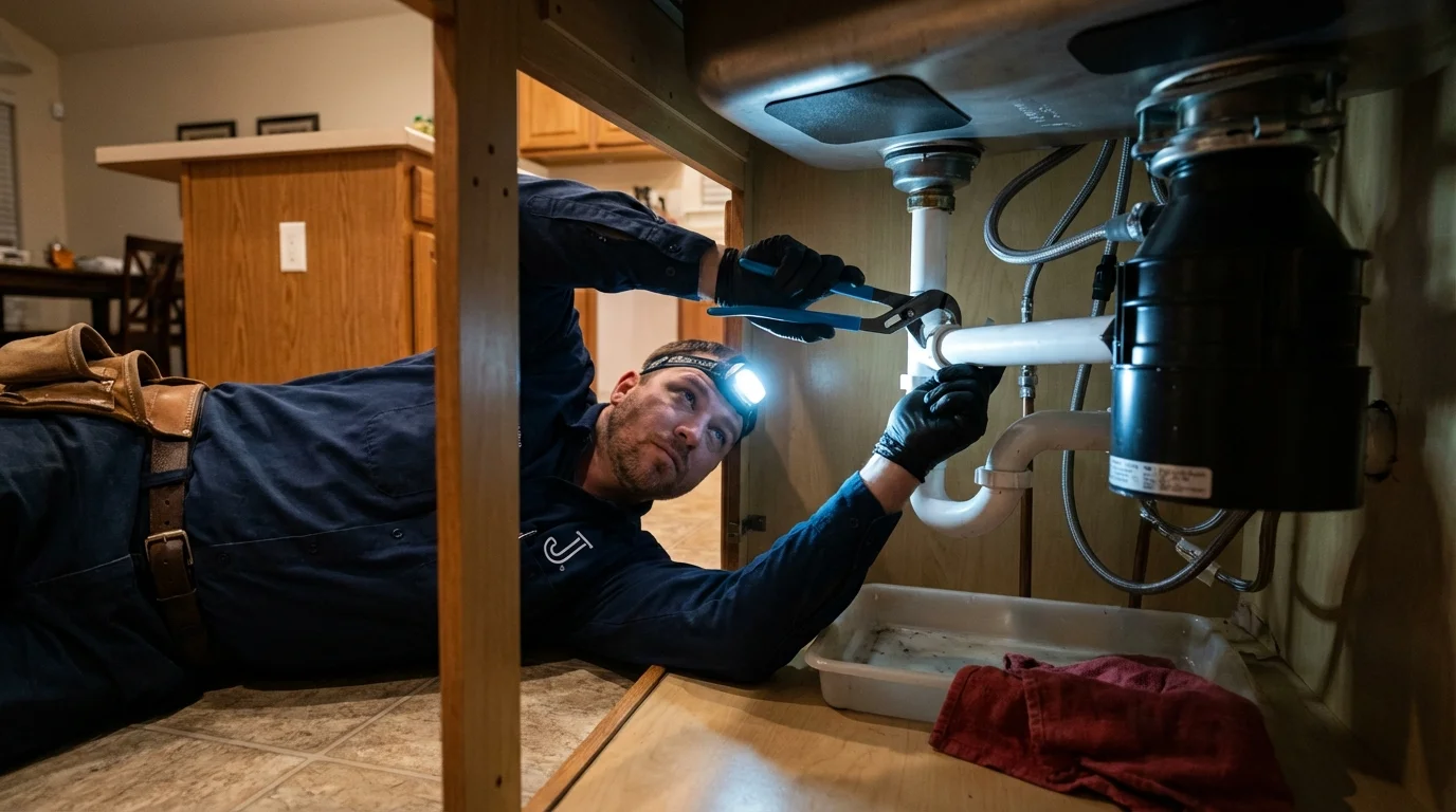 P-trap and supply line connections under a kitchen sink showing a common leak point in Yuba City, CA